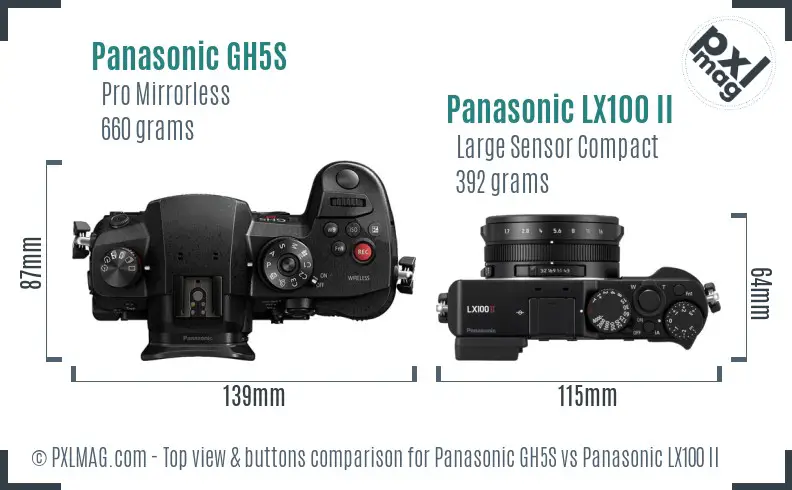 Panasonic GH5S vs Panasonic LX100 II top view buttons comparison