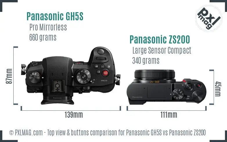 Panasonic GH5S vs Panasonic ZS200 top view buttons comparison