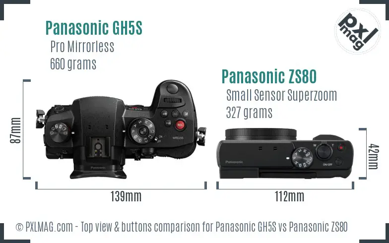 Panasonic GH5S vs Panasonic ZS80 top view buttons comparison