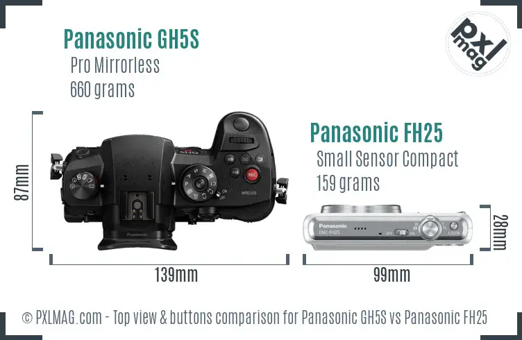 Panasonic GH5S vs Panasonic FH25 top view buttons comparison