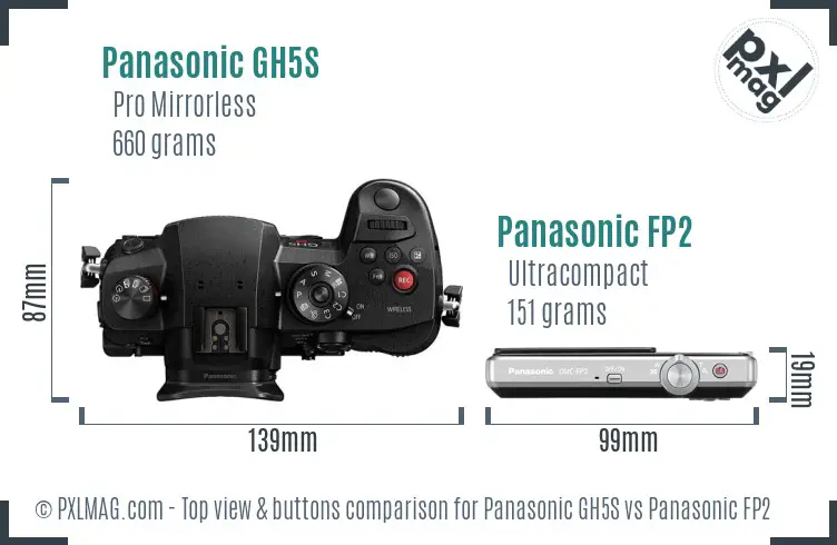 Panasonic GH5S vs Panasonic FP2 top view buttons comparison