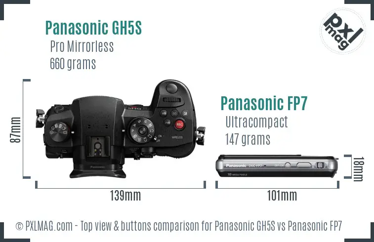 Panasonic GH5S vs Panasonic FP7 top view buttons comparison