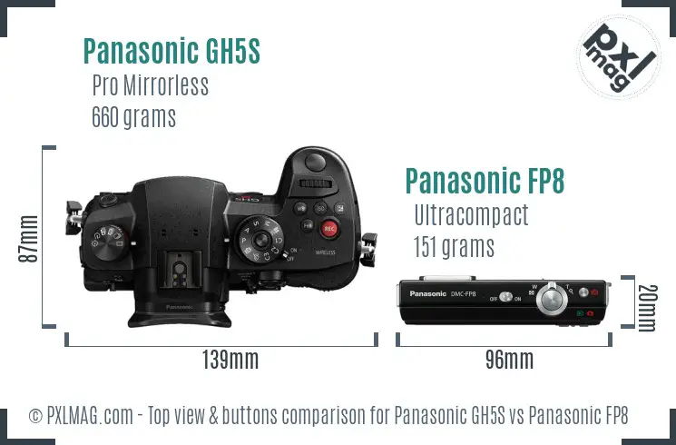 Panasonic GH5S vs Panasonic FP8 top view buttons comparison