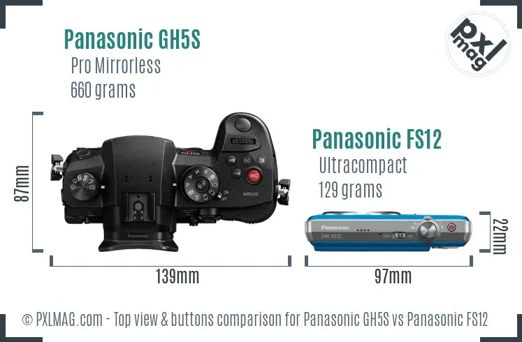 Panasonic GH5S vs Panasonic FS12 top view buttons comparison