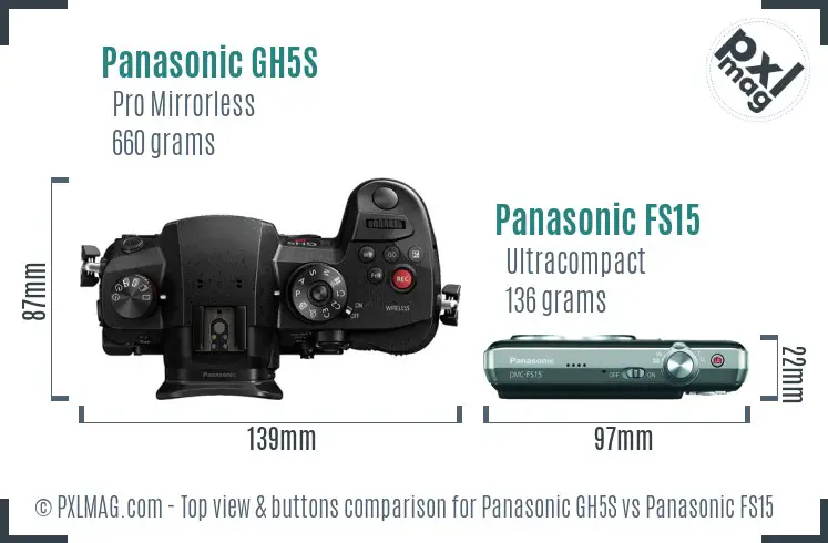 Panasonic GH5S vs Panasonic FS15 top view buttons comparison