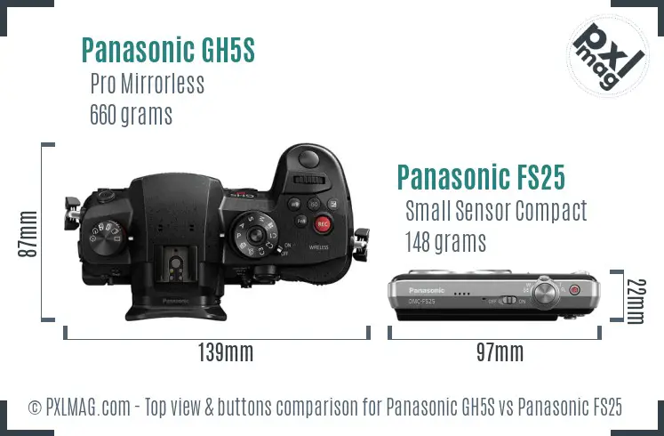 Panasonic GH5S vs Panasonic FS25 top view buttons comparison