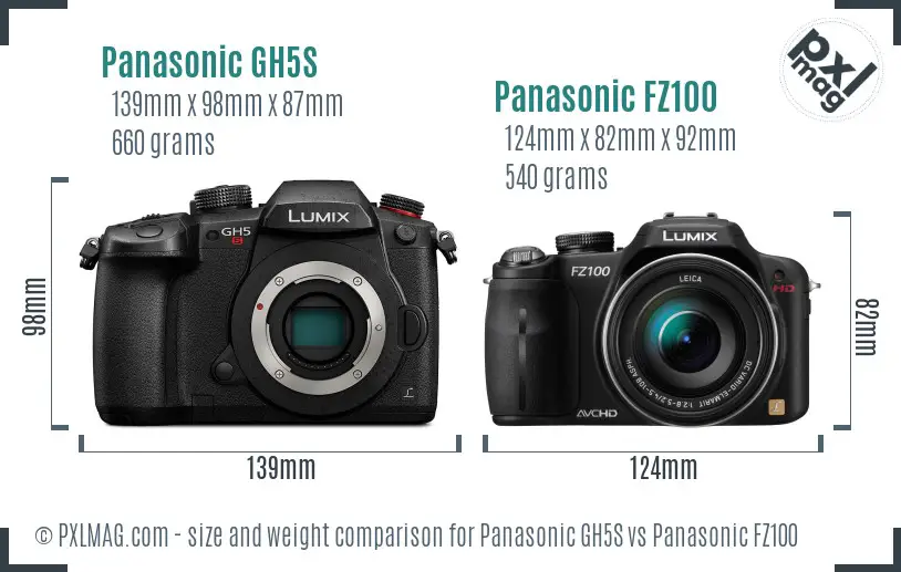 Panasonic GH5S vs Panasonic FZ100 size comparison