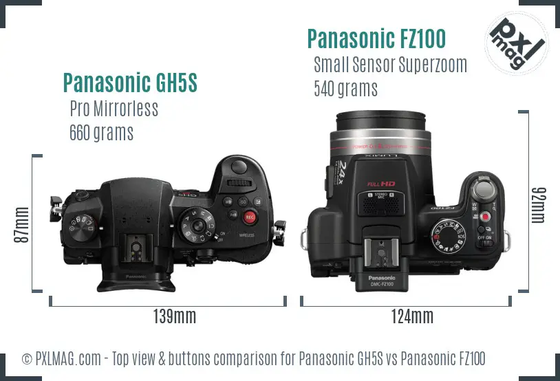 Panasonic GH5S vs Panasonic FZ100 top view buttons comparison