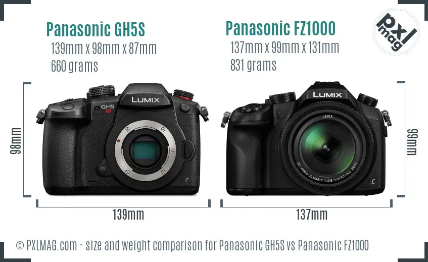 Panasonic GH5S vs Panasonic FZ1000 size comparison