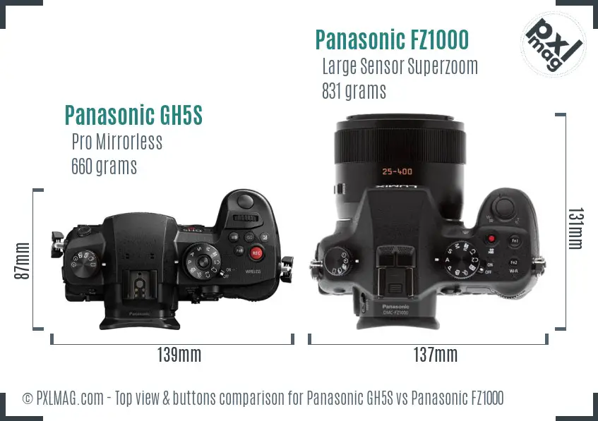 Panasonic GH5S vs Panasonic FZ1000 top view buttons comparison