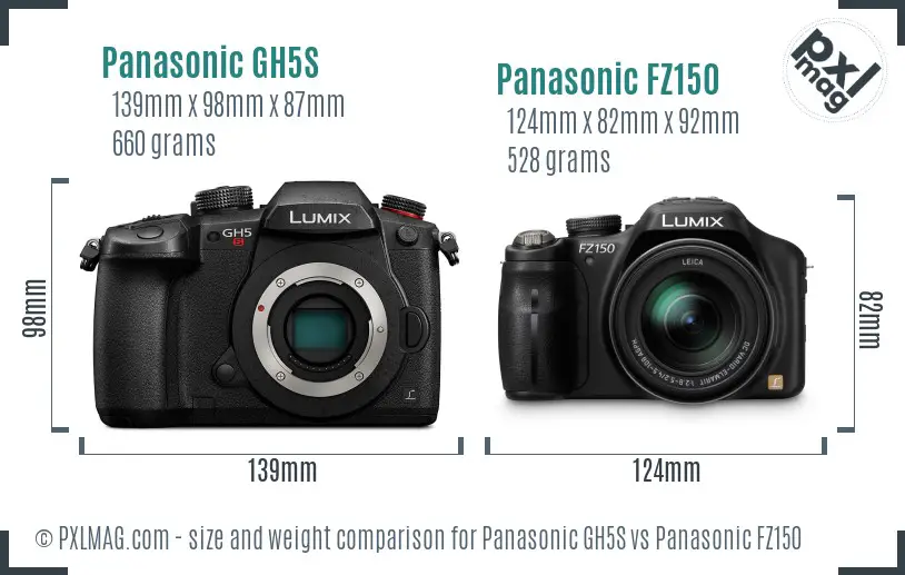 Panasonic GH5S vs Panasonic FZ150 size comparison