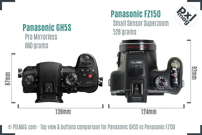 Panasonic GH5S vs Panasonic FZ150 top view buttons comparison