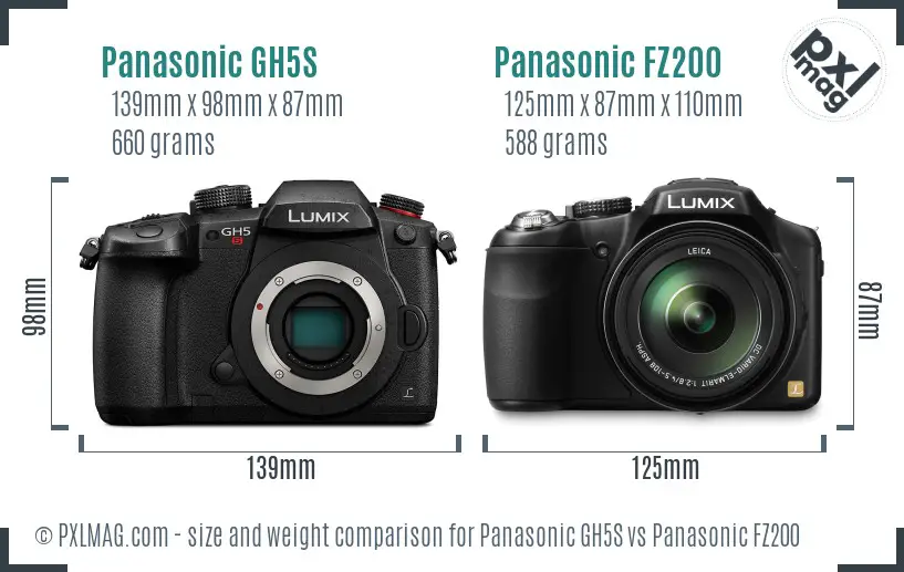 Panasonic GH5S vs Panasonic FZ200 size comparison