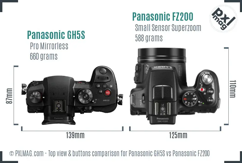 Panasonic GH5S vs Panasonic FZ200 top view buttons comparison