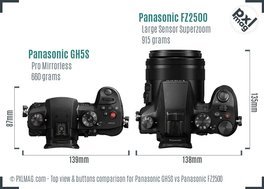 Panasonic GH5S vs Panasonic FZ2500 top view buttons comparison