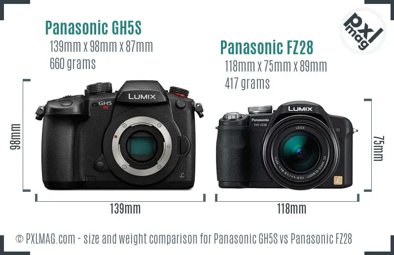 Panasonic GH5S vs Panasonic FZ28 size comparison