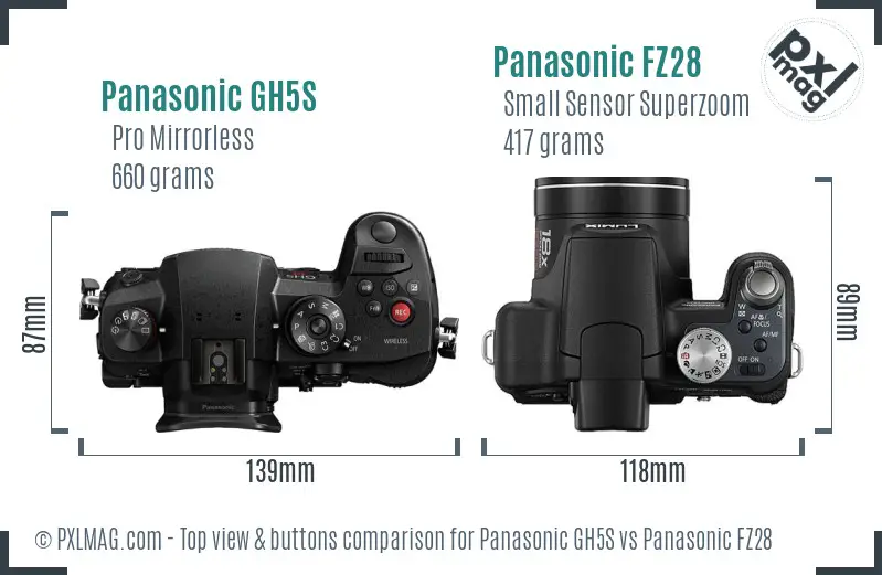 Panasonic GH5S vs Panasonic FZ28 top view buttons comparison