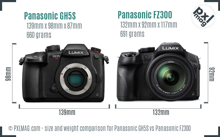 Panasonic GH5S vs Panasonic FZ300 size comparison