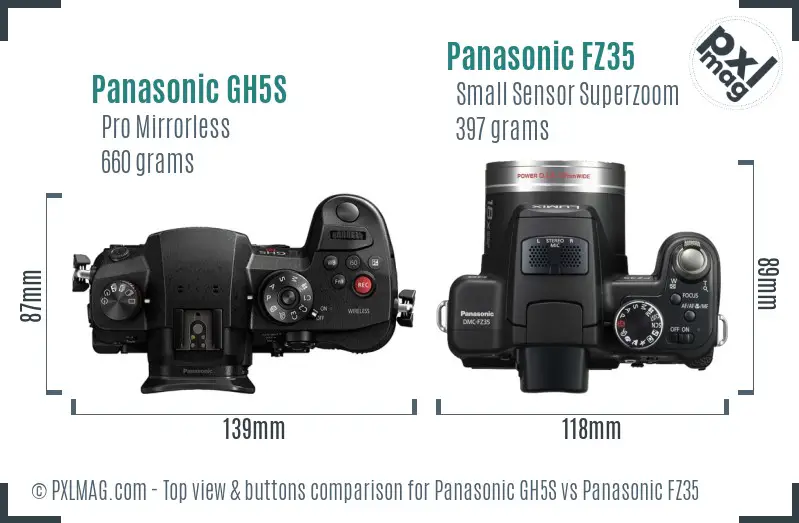 Panasonic GH5S vs Panasonic FZ35 top view buttons comparison Panasonic GH5S vs Panasonic FZ35 top view buttons comparison