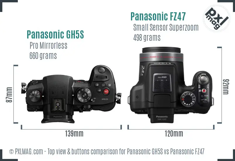 Panasonic GH5S vs Panasonic FZ47 top view buttons comparison