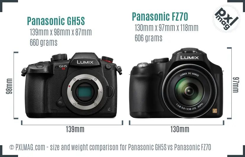 Panasonic GH5S vs Panasonic FZ70 size comparison