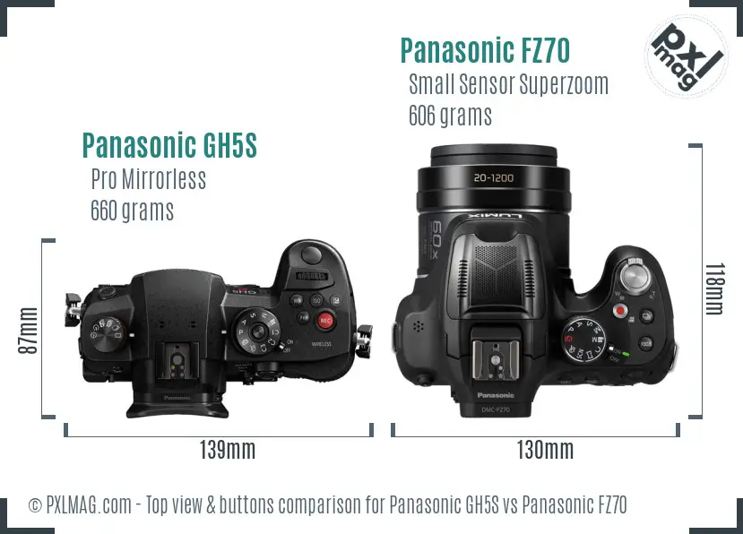 Panasonic GH5S vs Panasonic FZ70 top view buttons comparison