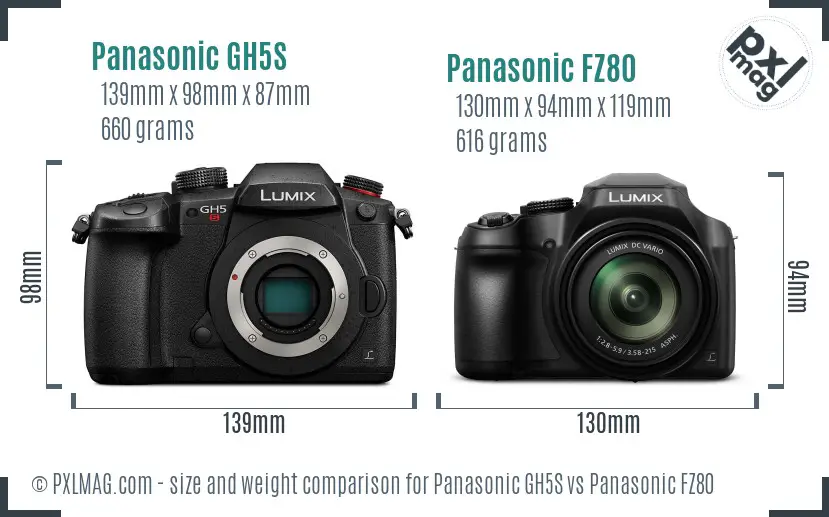 Panasonic GH5S vs Panasonic FZ80 size comparison