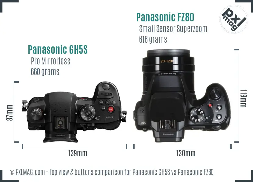 Panasonic GH5S vs Panasonic FZ80 top view buttons comparison