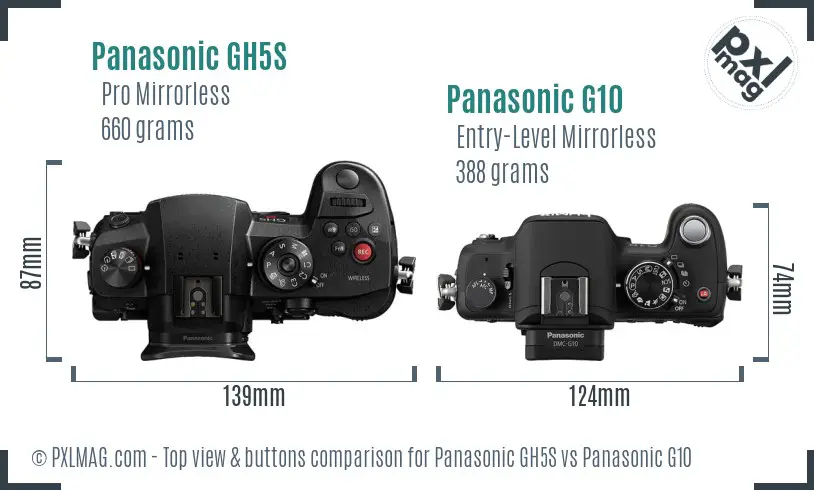 Panasonic GH5S vs Panasonic G10 top view buttons comparison