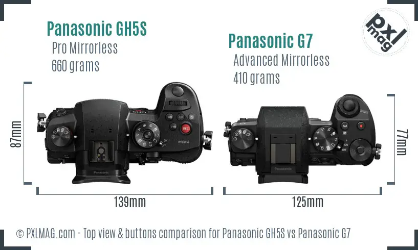 Panasonic GH5S vs Panasonic G7 top view buttons comparison