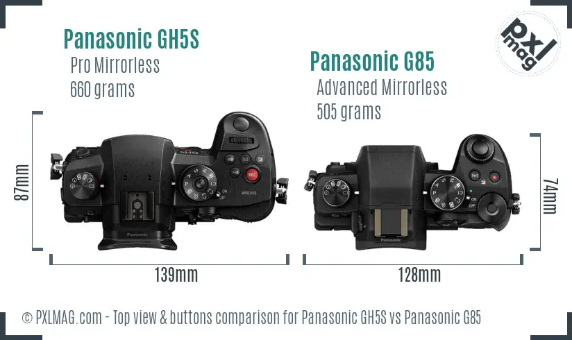 Panasonic GH5S vs Panasonic G85 top view buttons comparison