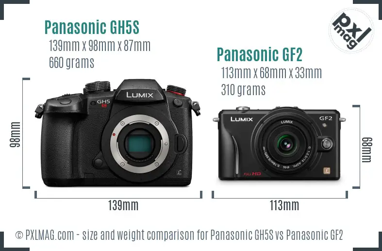 Panasonic GH5S vs Panasonic GF2 size comparison