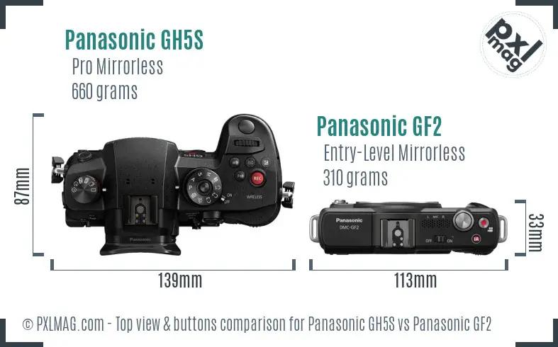 Panasonic GH5S vs Panasonic GF2 top view buttons comparison