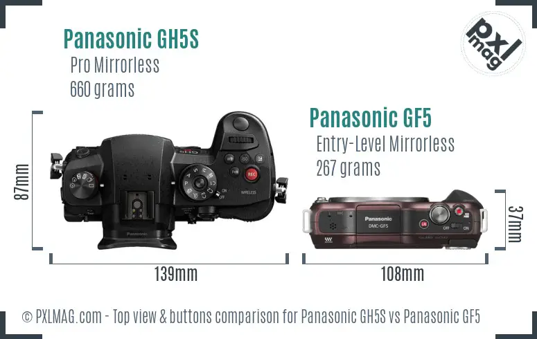 Panasonic GH5S vs Panasonic GF5 top view buttons comparison