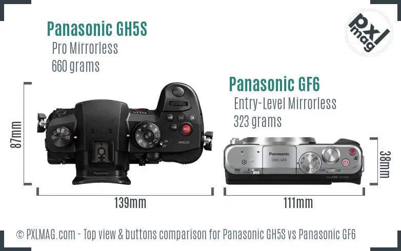 Panasonic GH5S vs Panasonic GF6 top view buttons comparison