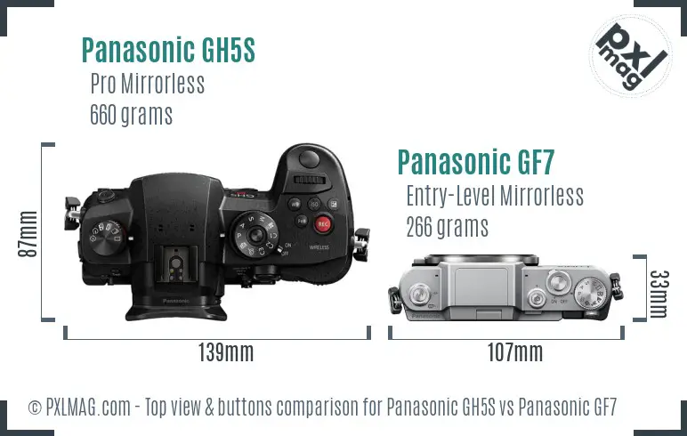 Panasonic GH5S vs Panasonic GF7 top view buttons comparison