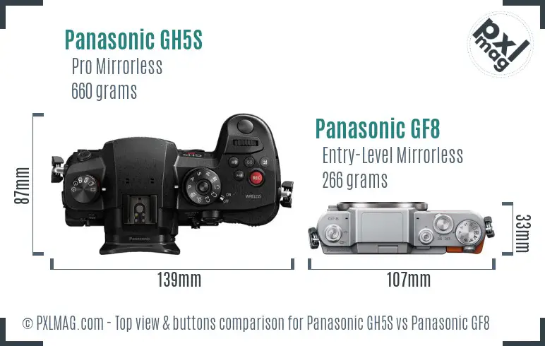 Panasonic GH5S vs Panasonic GF8 top view buttons comparison
