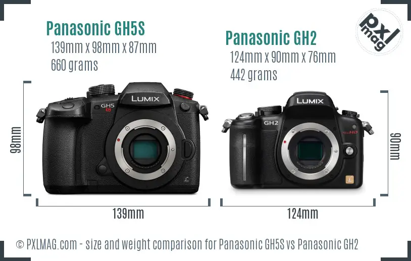 Panasonic GH5S vs Panasonic GH2 size comparison