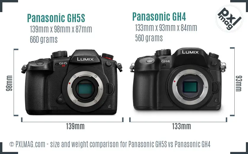 Panasonic GH5S vs Panasonic GH4 size comparison