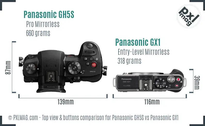 Panasonic GH5S vs Panasonic GX1 top view buttons comparison