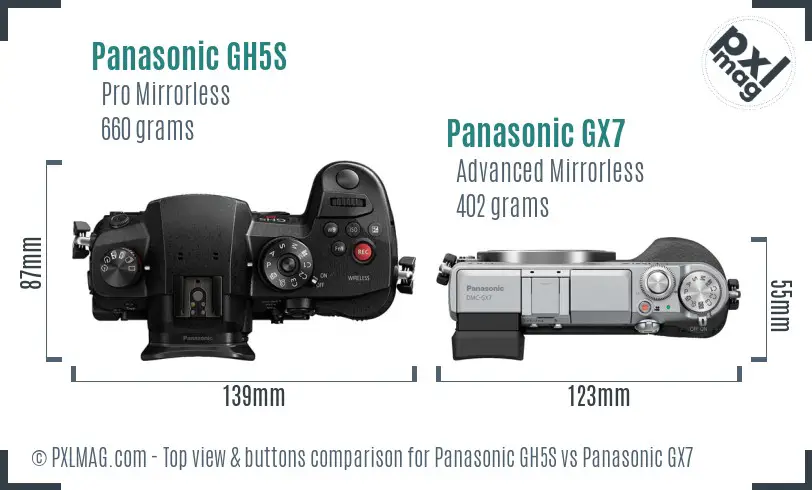 Panasonic GH5S vs Panasonic GX7 top view buttons comparison