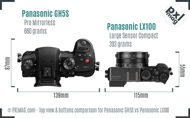 Panasonic GH5S vs Panasonic LX100 top view buttons comparison