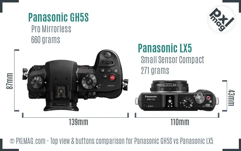 Panasonic GH5S vs Panasonic LX5 top view buttons comparison Panasonic GH5S vs Panasonic LX5 top view buttons comparison