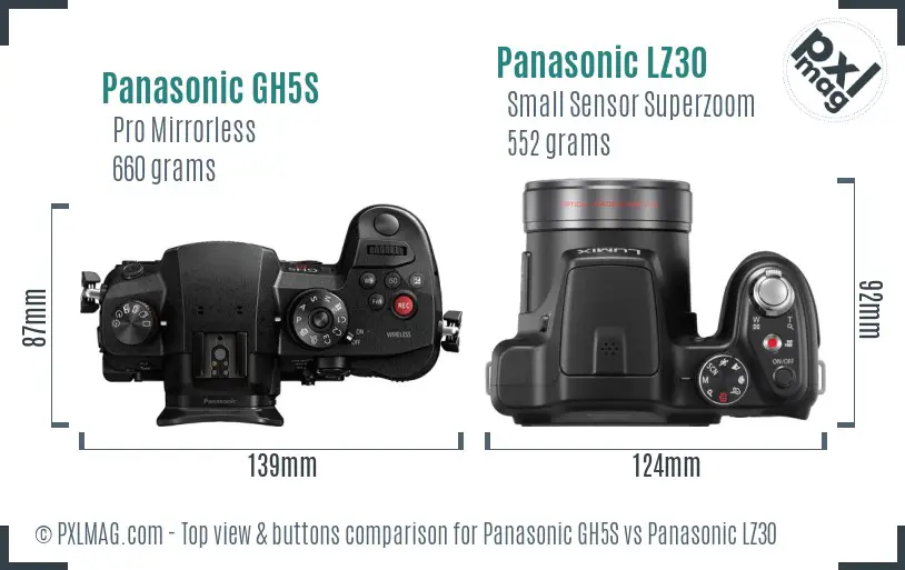 Panasonic GH5S vs Panasonic LZ30 top view buttons comparison