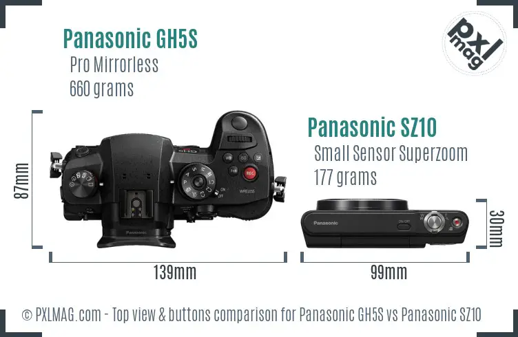 Panasonic GH5S vs Panasonic SZ10 top view buttons comparison