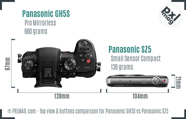 Panasonic GH5S vs Panasonic SZ5 top view buttons comparison Panasonic GH5S vs Panasonic SZ5 top view buttons comparison