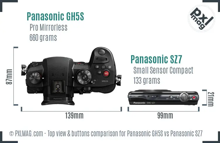 Panasonic GH5S vs Panasonic SZ7 top view buttons comparison Panasonic GH5S vs Panasonic SZ7 top view buttons comparison