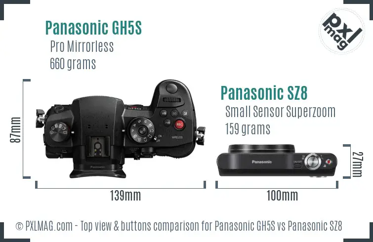 Panasonic GH5S vs Panasonic SZ8 top view buttons comparison Panasonic GH5S vs Panasonic SZ8 top view buttons comparison