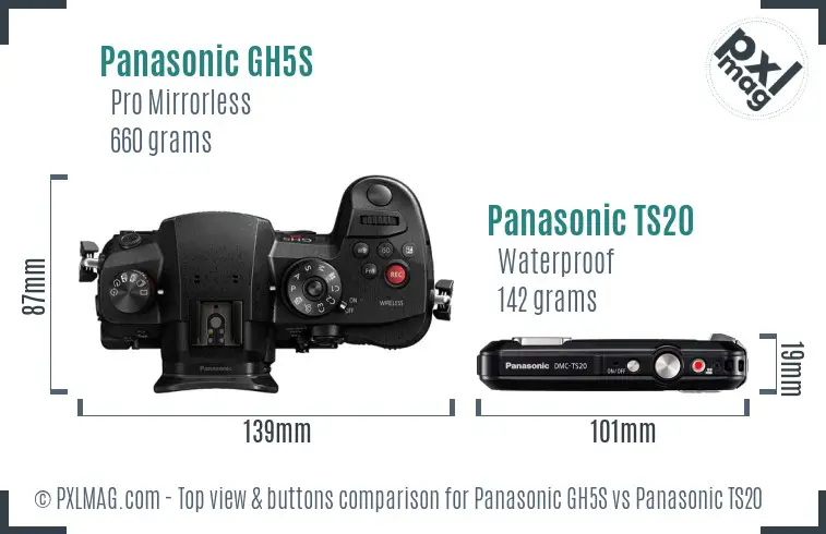 Panasonic GH5S vs Panasonic TS20 top view buttons comparison