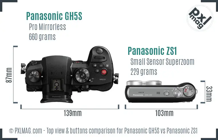 Panasonic GH5S vs Panasonic ZS1 top view buttons comparison